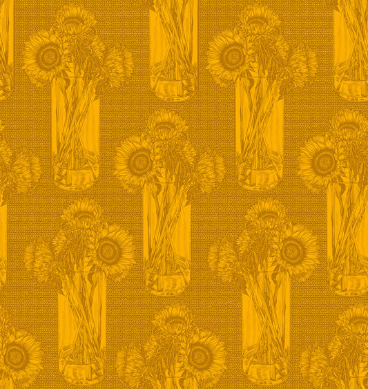 sunflowers in a vase. vase and flowers repeat throughout the print. dark yellow background color with yellow details.