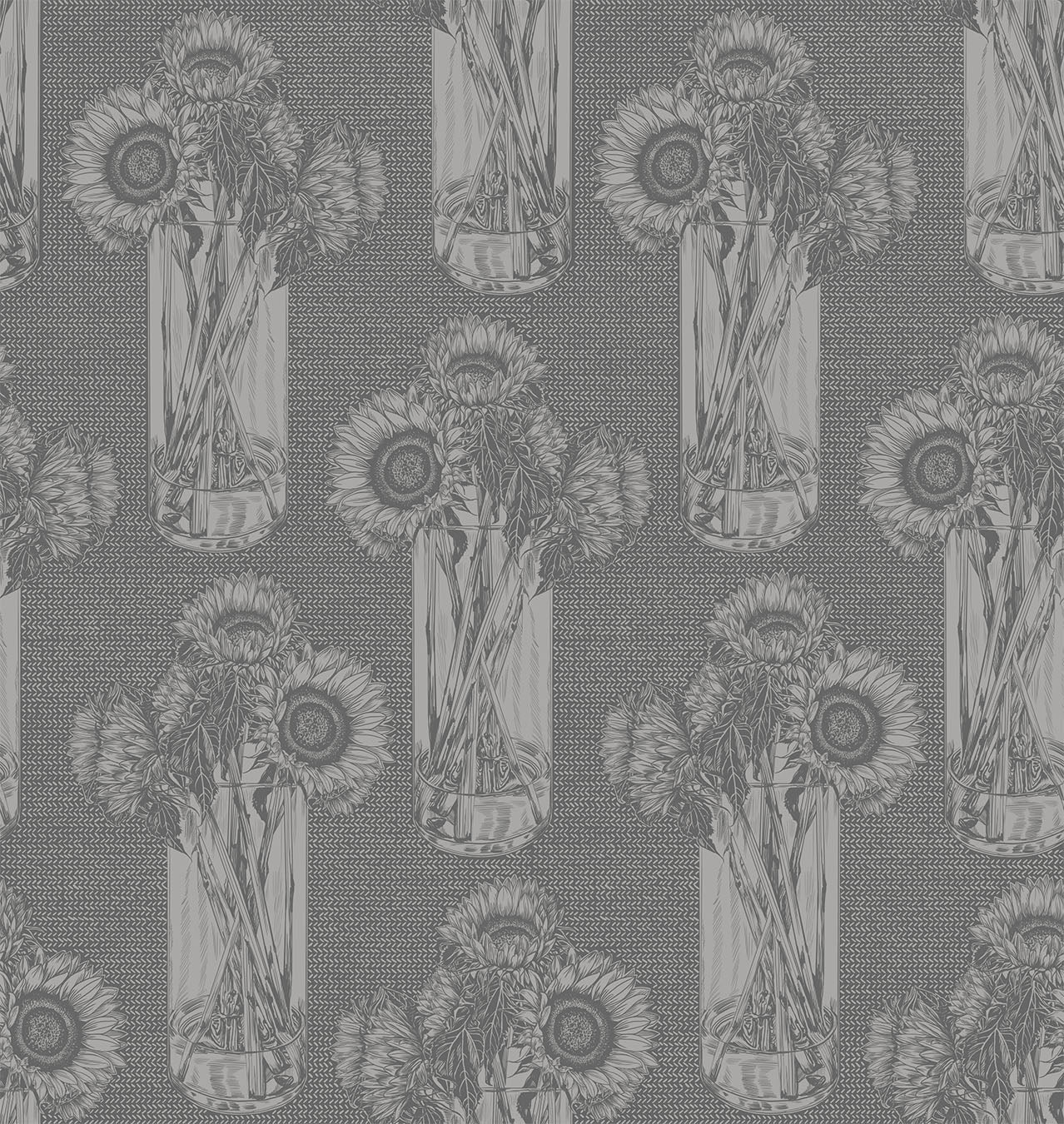 sunflowers in a vase. vase and flowers repeat throughout the print. dark grey background color with grey details.