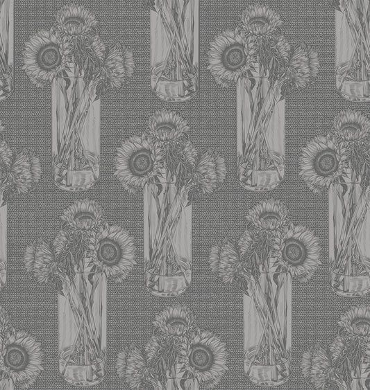 sunflowers in a vase. vase and flowers repeat throughout the print. dark grey background color with grey details.
