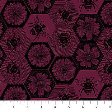 Pattern of bees and flowers on a fabric swatch with a white background.