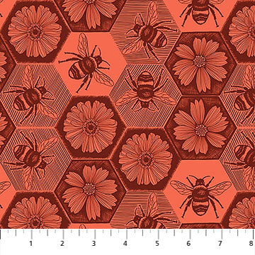 Fabric with bees and flowers pattern on a red background