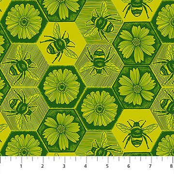 Fabric with bees and flowers pattern on a yellow background