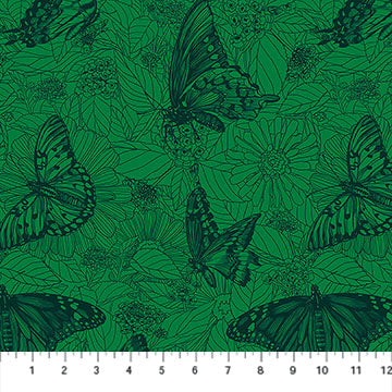 Butterfly pattern on a green background with a fabric swatch at the bottom.