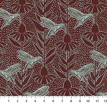 Fabric with gold hummingbird and floral pattern on black background