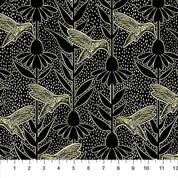 Fabric with gold hummingbird and floral pattern on black background