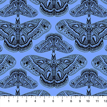 Pattern of blue butterflies on a blue background with a ruler at the bottom.