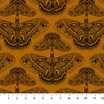Pattern of moths on a mustard yellow background with a fabric swatch at the bottom.