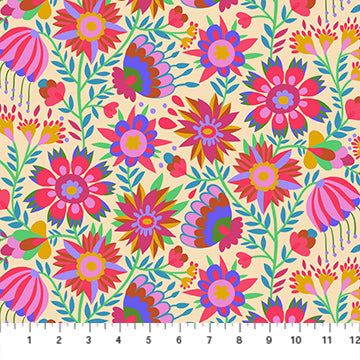 Colorful floral pattern on a fabric swatch