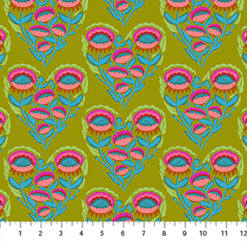 Floral heart pattern fabric swatch on a green background