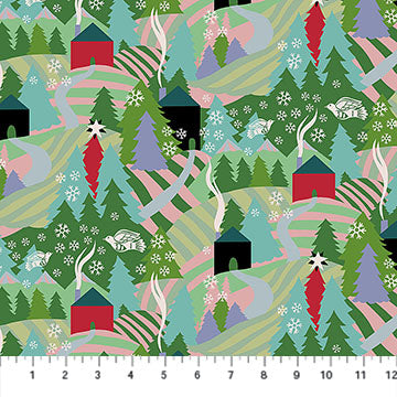 Patterned fabric with trees, houses, and animals on a white background