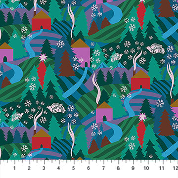 Colorful fabric pattern with trees, houses, and animals on a green background