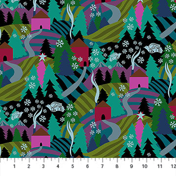 Fabric with a town with snow flurry pattern. Black and multicolored.