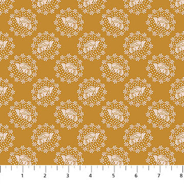 Yellow fabric with bird pattern.