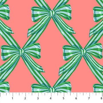 Fabric with green and blue striped bows on a pink background