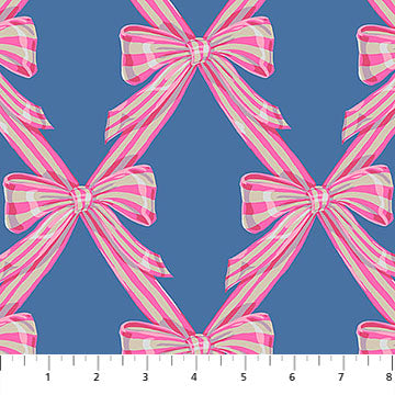 Pattern of pink and white striped bows on a blue background