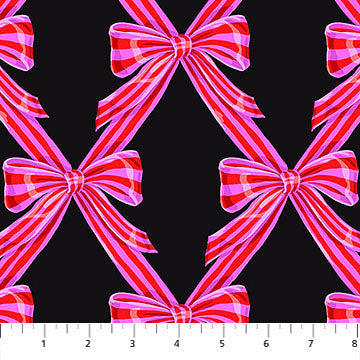 Pattern of pink bows on a black background with a fabric yardstick at the bottom.