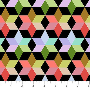 Black and multicolored fabric with star pattern.