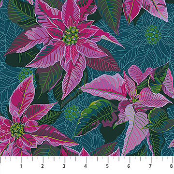 Pattern of pink poinsettias on a teal background with a ruler at the bottom.