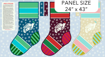 Three colorful Christmas stockings with panel size 24" x 43" on a light blue background.