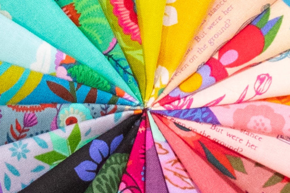 Colorful fabric swatch with various patterns and colors.