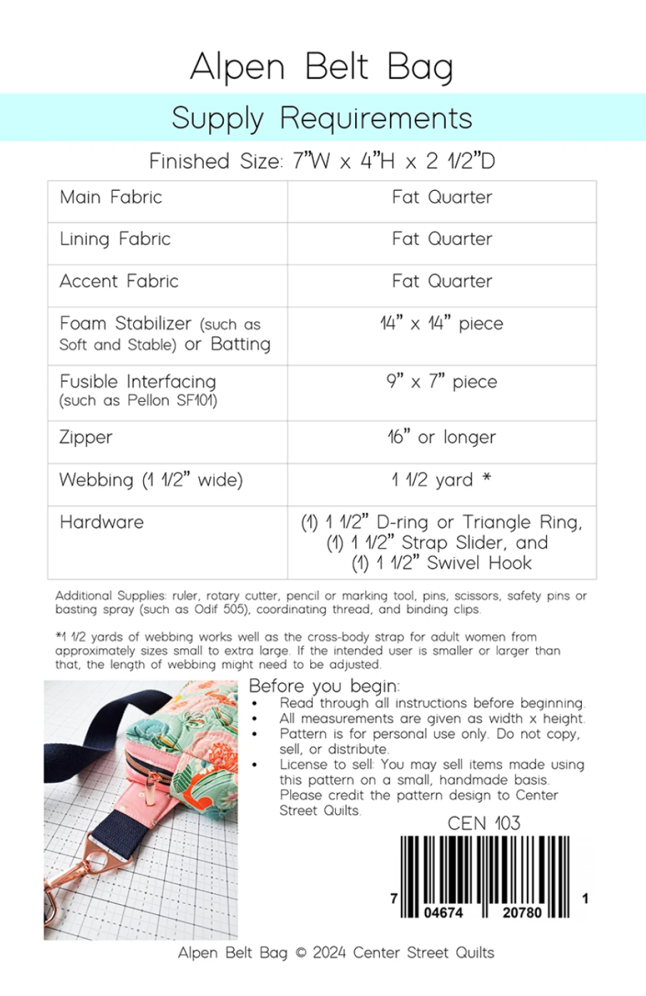 Supply requirements chart for Alpen Belt Bag with fabric and hardware details.