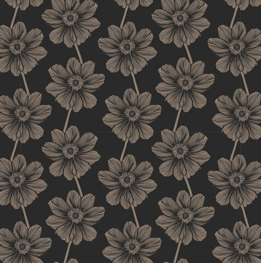 Pattern of black and white flowers on a black background