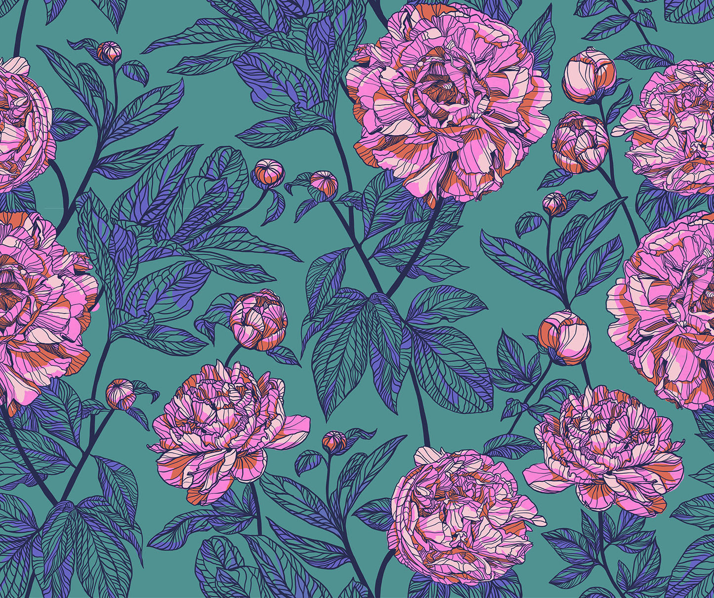 teal background, pink flower, on a branch with flowers and purple and teal leaves. branch is is dark grey.