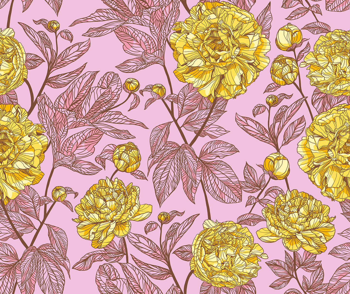 light pink background, yellow flower, on a branch with flowers and leaves. branch is brownish-pinkish.