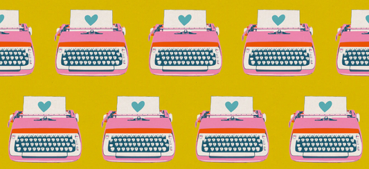 Pattern of pink typewriters with heart-shaped paper on a yellow background