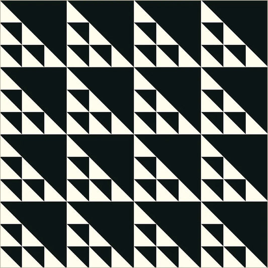 Black and white geometric pattern of triangles on a black background
