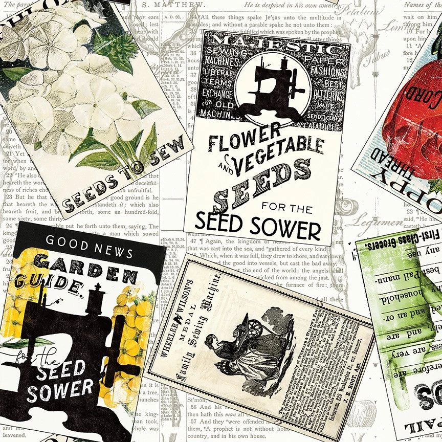 A collage of vintage-style seed sowing and gardening cards laid over a newspaper background. The cards feature illustrated flowers, text like 'Flower and Vegetable Seeds for the Seed Sower,' 'Seeds to Sew,' and 'Good News Garden Guide,' in black, white, yellow, green, and red tones.