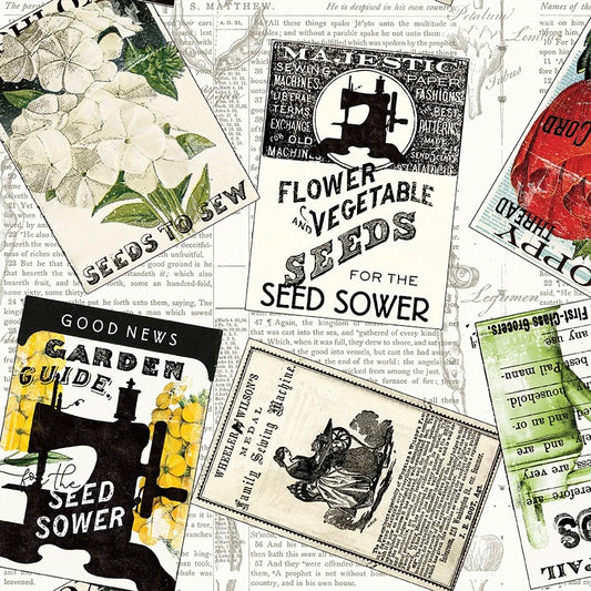 A collage of vintage-style seed sowing and gardening cards laid over a newspaper background. The cards feature illustrated flowers, text like 'Flower and Vegetable Seeds for the Seed Sower,' 'Seeds to Sew,' and 'Good News Garden Guide,' in black, white, yellow, green, and red tones.