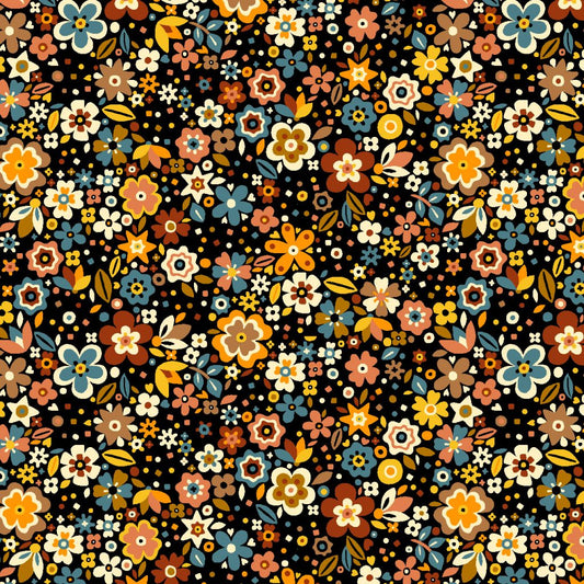 Orange brown and blue dark floral fabric 