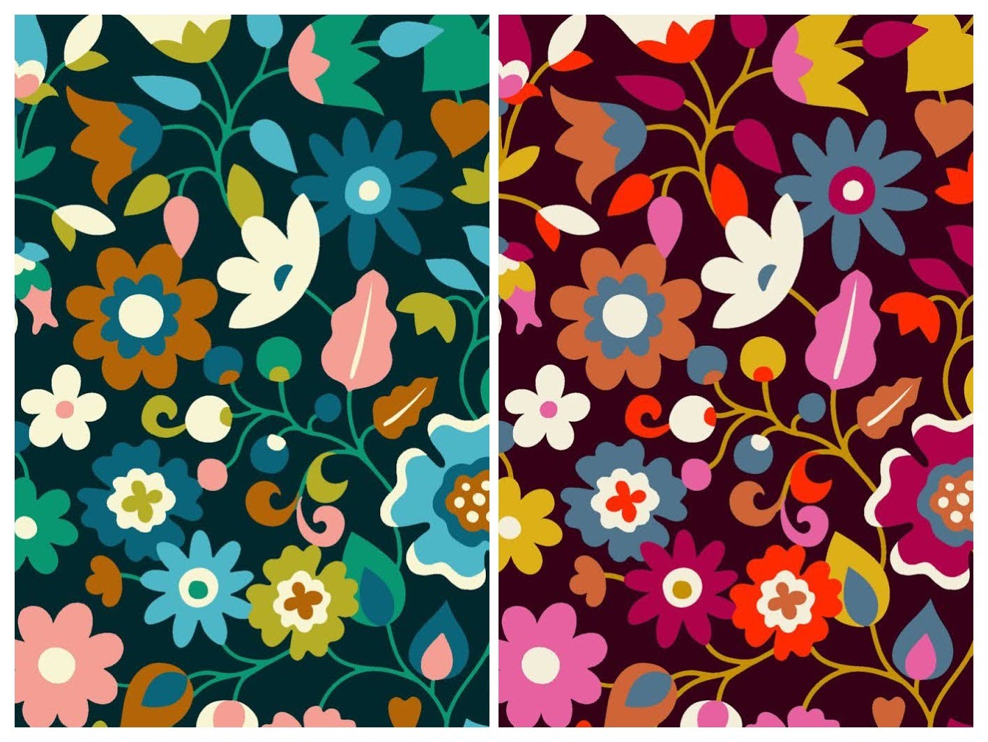 split view of large floral in teals or plums