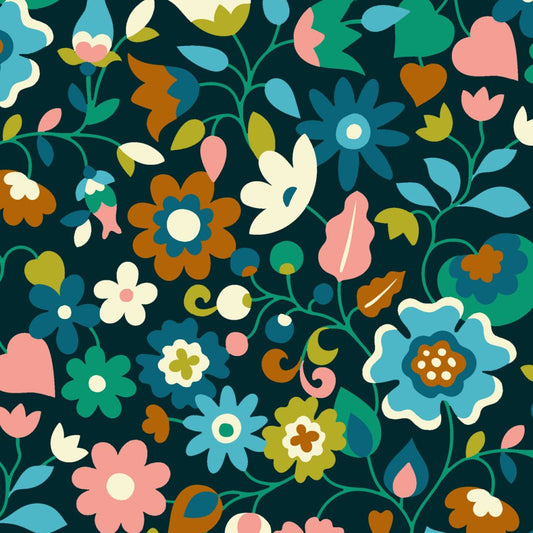 Big orange, blue and pink flowers against a dark blue background