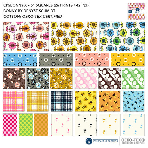 Collection of colorful fabric squares with various patterns, featuring the brand 'Windham Fabrics' and 'Oeko-Tex' certification.