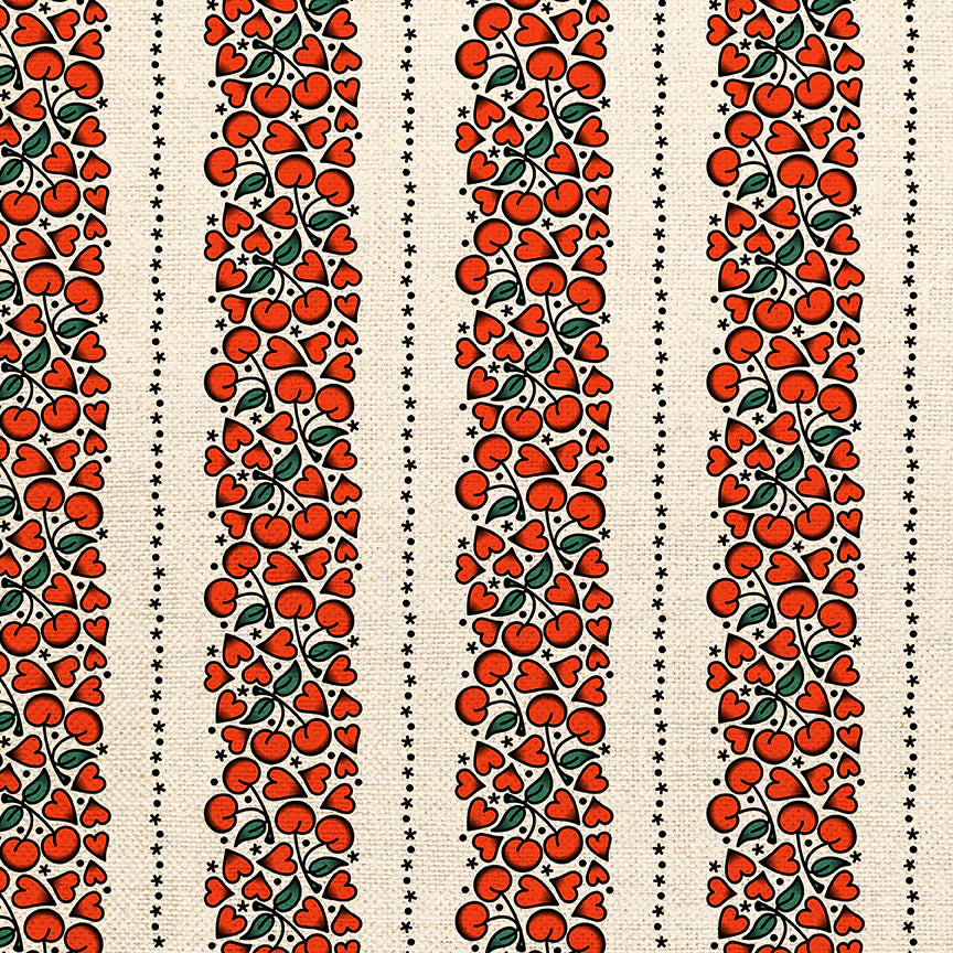 Decorative pattern with red floral elements on a beige background