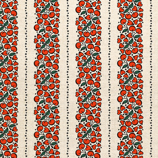 Decorative pattern with red floral elements on a beige background
