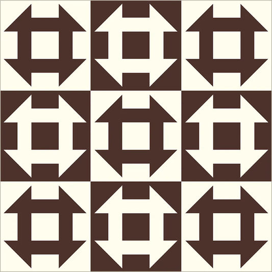 Pattern of interlocking shapes in brown and white on a white background