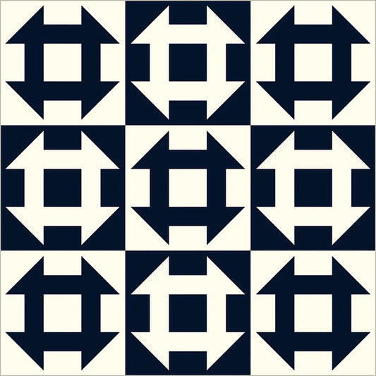 Pattern of blue and white geometric shapes arranged in a grid.