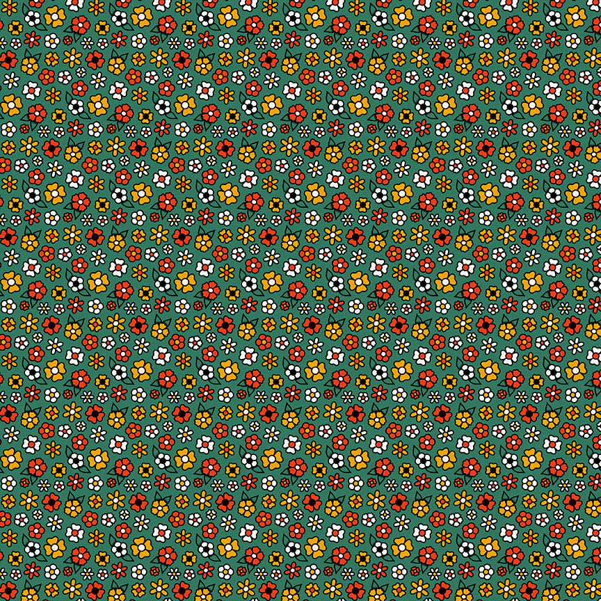 Pattern of small colorful flowers on a green background