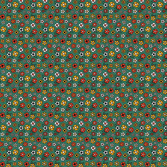Pattern of small colorful flowers on a green background