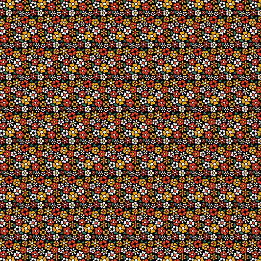 Small floral pattern with red, yellow, and white flowers on a black background