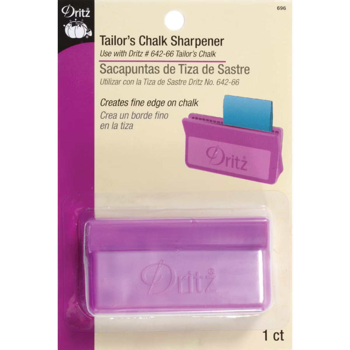 Dritz Tailor's Chalk Sharpener in purple, packaged on a cream and purple cardboard backing card with product text and a small illustration.