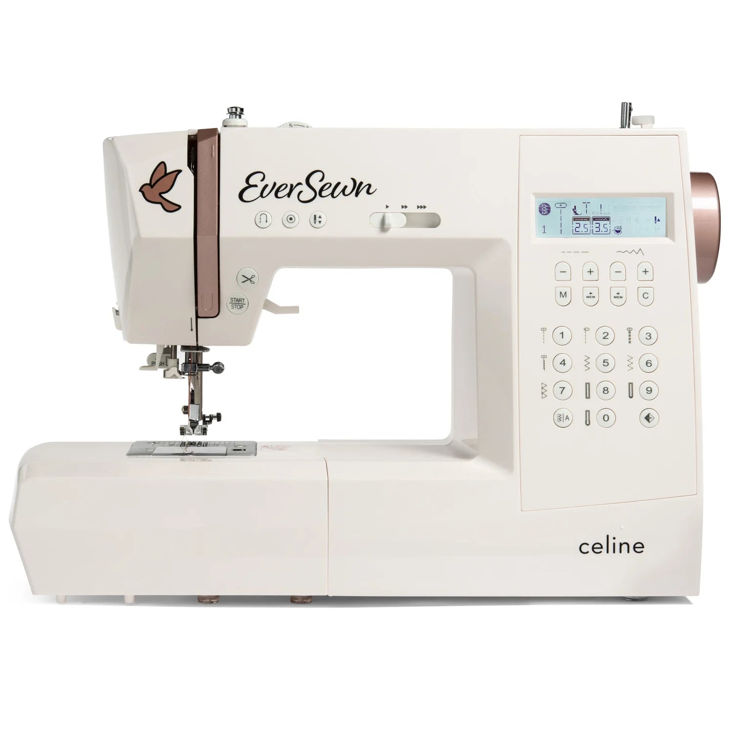 White sewing machine with digital display and control panel on a white background, branded 'EverSewn'.