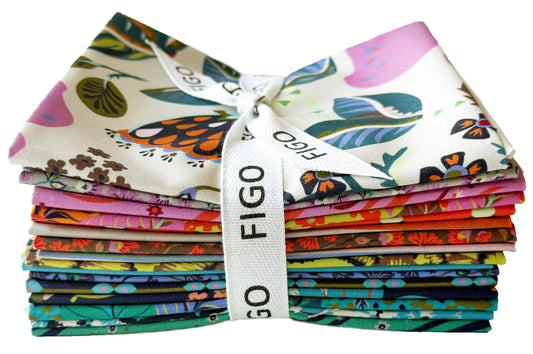 Stack of colorful fabric bundles with 'GO FIGO' branding on a white background