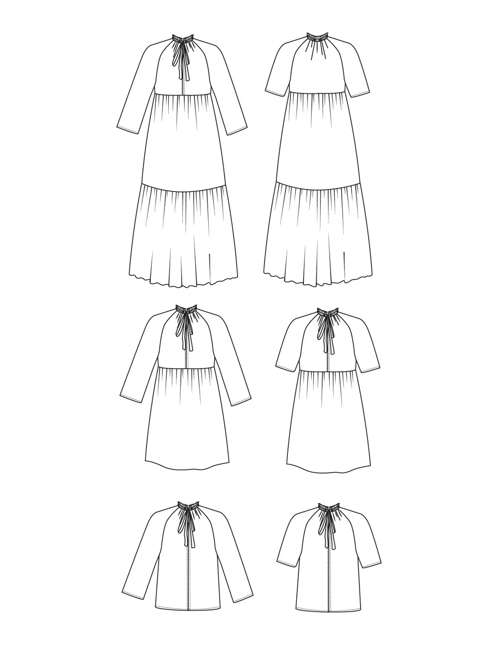 Set of six black and white line drawings of a dress with a bow detail on a white background.