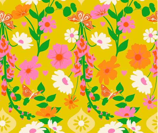 Bright pink, orange and white flowers with green leaves against a golden background 