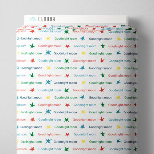 Packaging with 'Goodnight moon' text and colorful stars on a white background