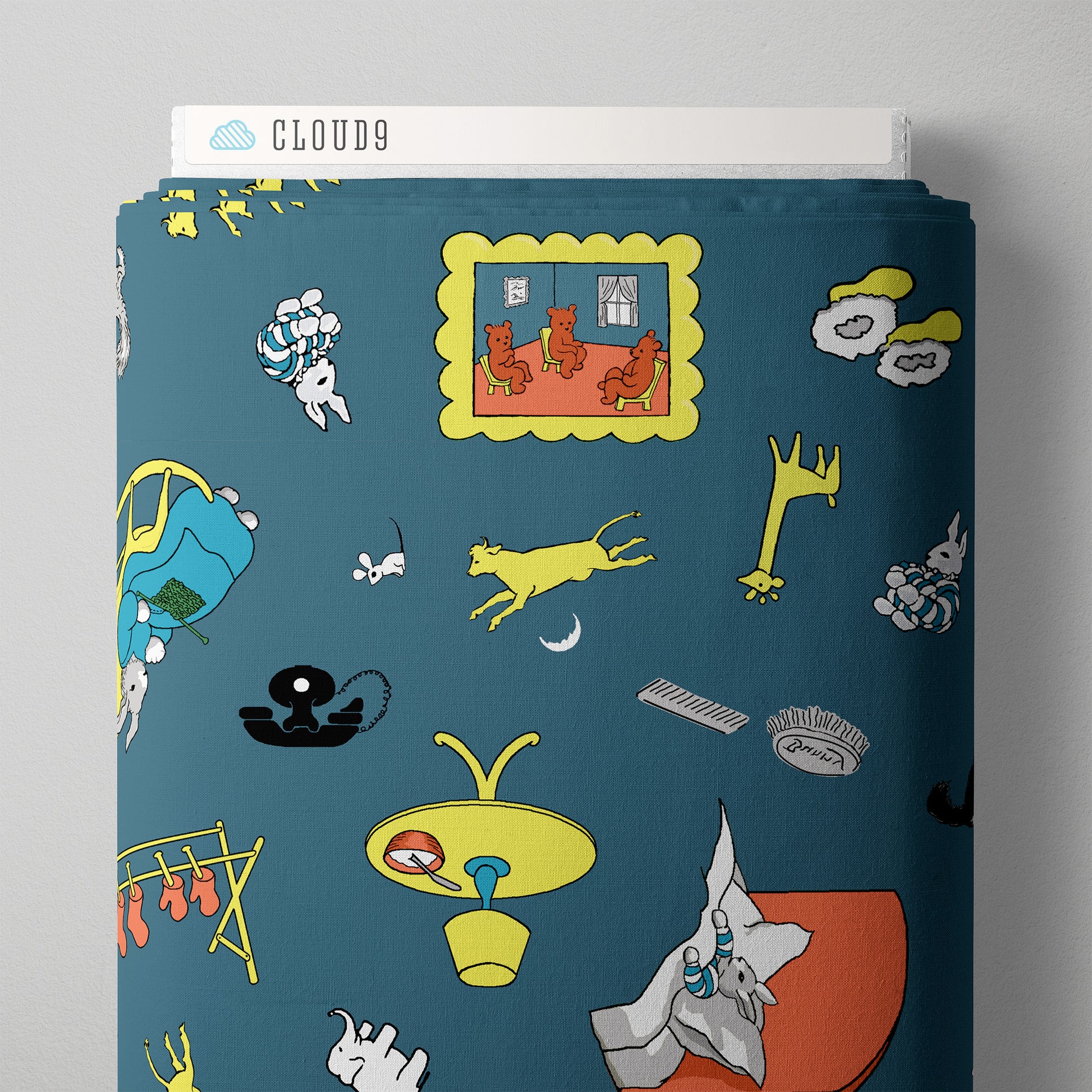 Children's fabric with cartoon characters on a blue background
